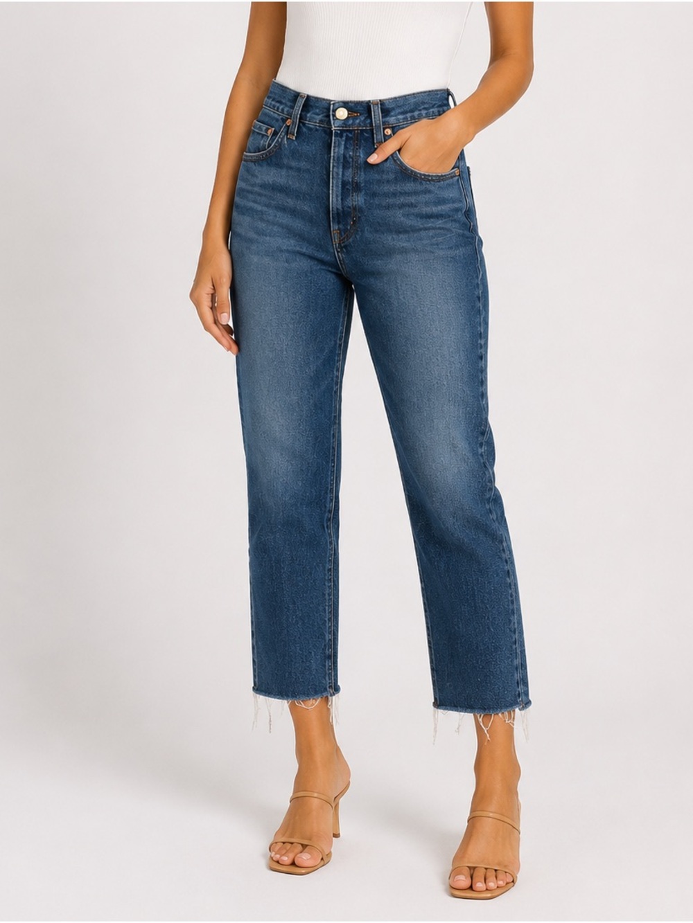 Levis Premium Womens High-Waisted Button-Fly Distressed Hem Blue Denim Jeans Siz